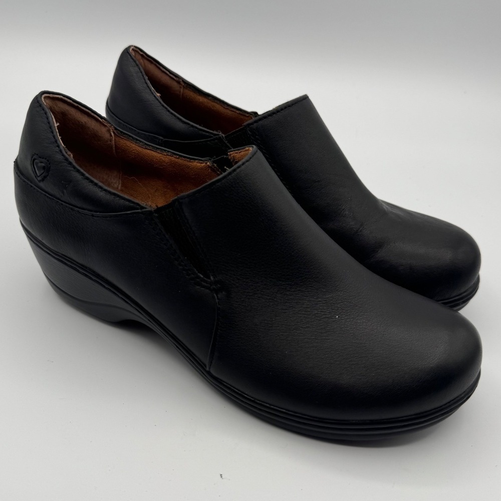 Nurse Mates Black Leather Slip On Clogs Professional Work Shoes Womens 9.5 M